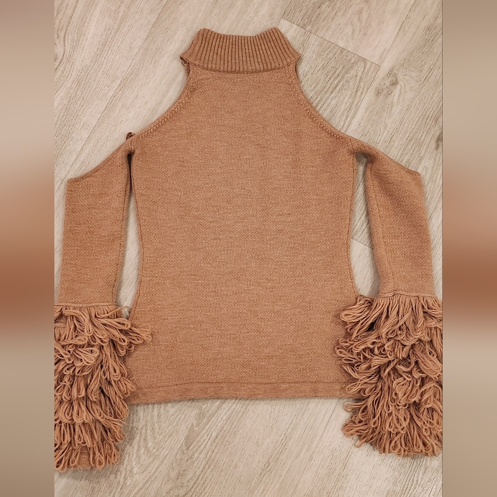Jonathan Simkhai Camel Off-the-Shoulder Fringe Sleeve Sweater